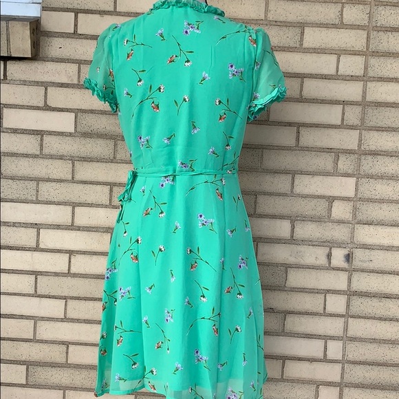 Green Floral Lined Ruffle Trim Wrap Dress - Picture 5 of 11